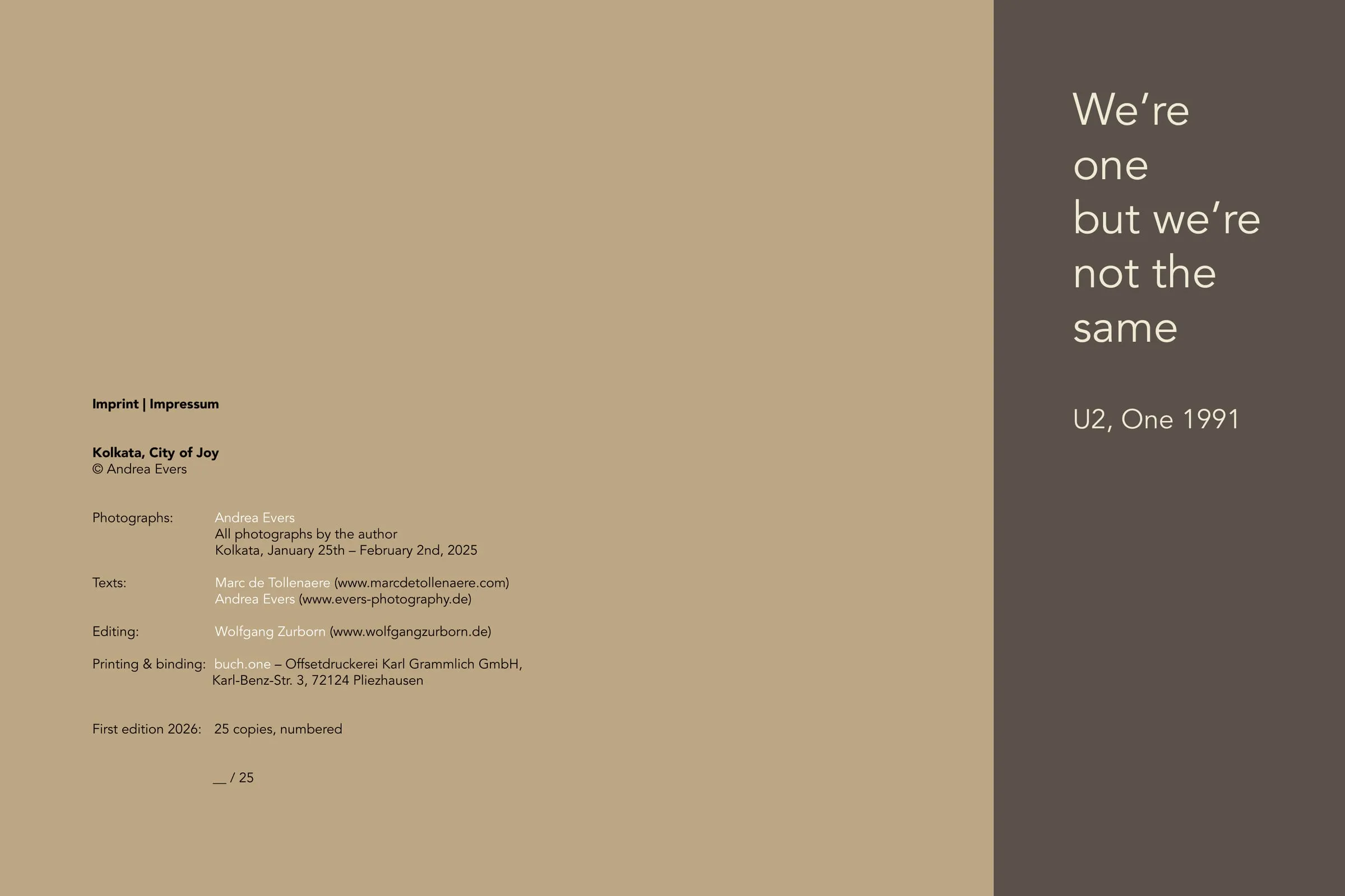 Impressum mit Druckinformationen und U2-Zitat „We’re one but we’re not the same"